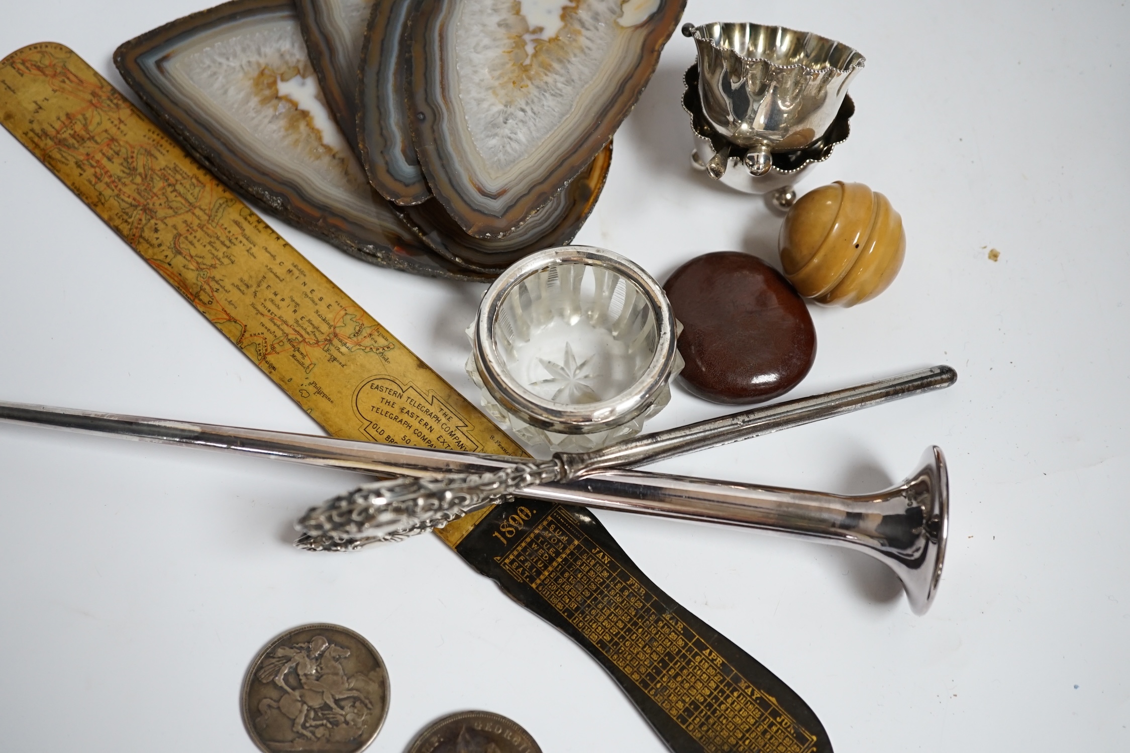 A treen, 1890 the Eastern telegraph company European map letter opener and mixed collectables including silver
